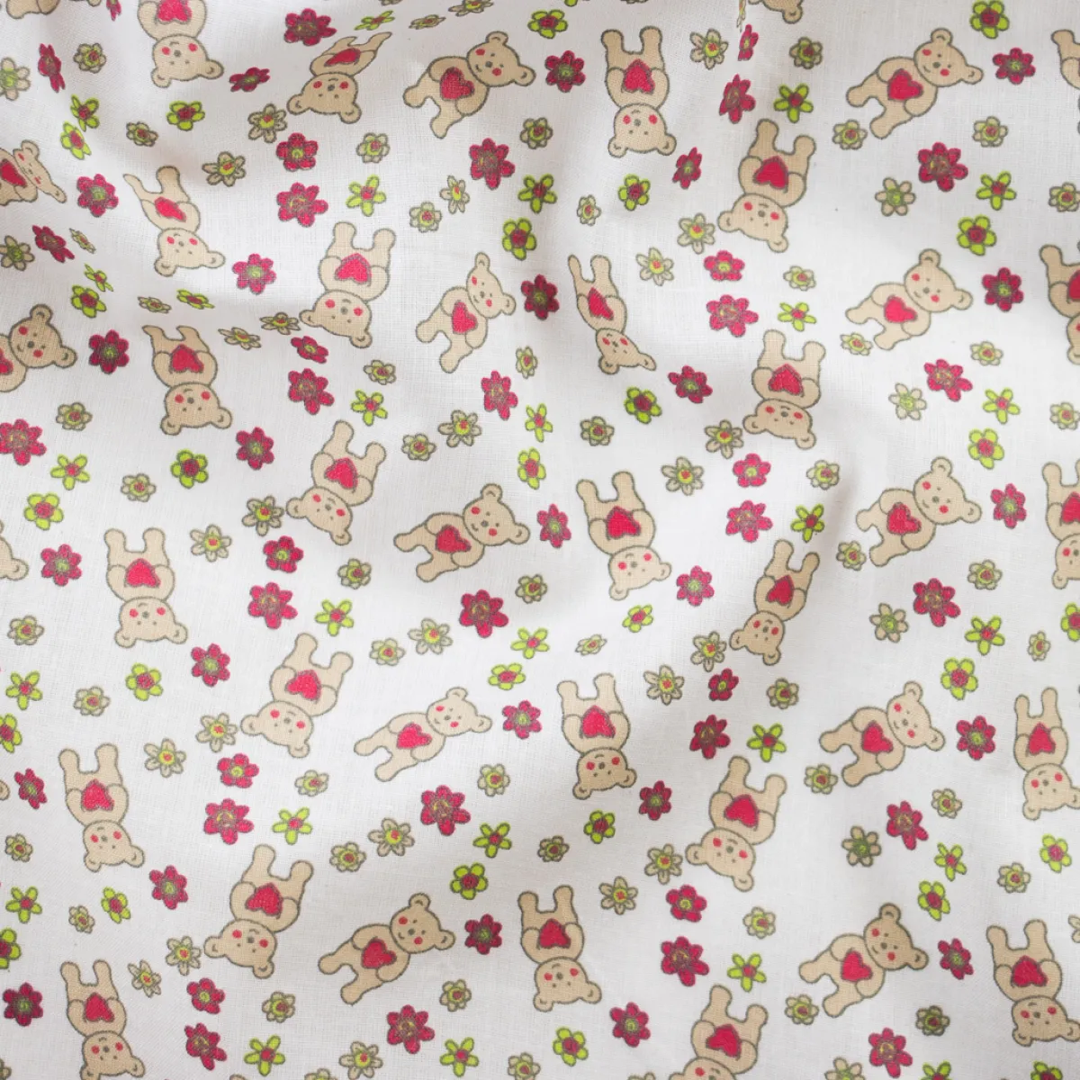 Bambino Giesse Scampoli Tessuti In Cotone>COTONE LEGGERO FIORI E ORSETTI