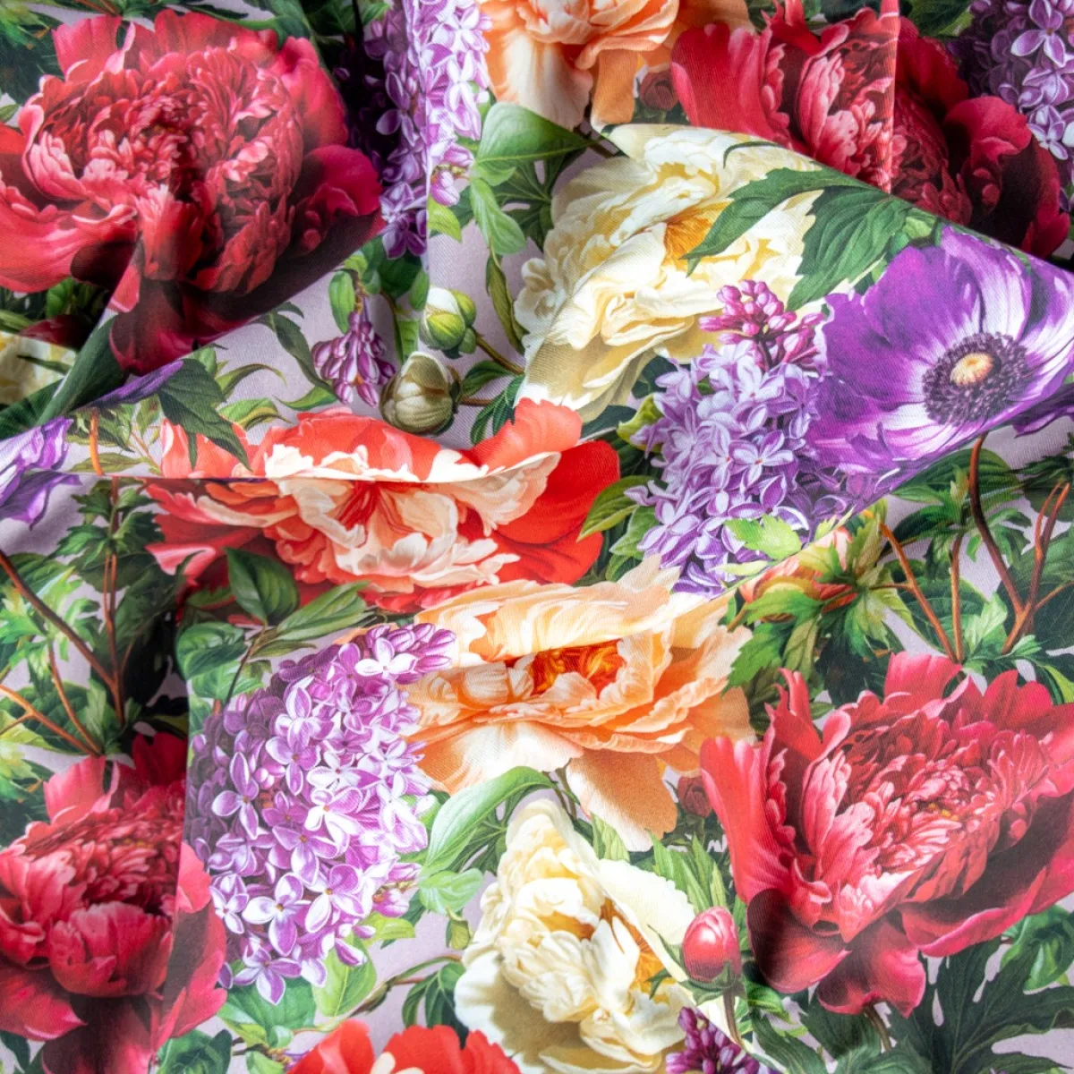 Giesse Scampoli Tovaglie Fantasia>DRILL COTONE DIGITALE LILLA' E PEONIE