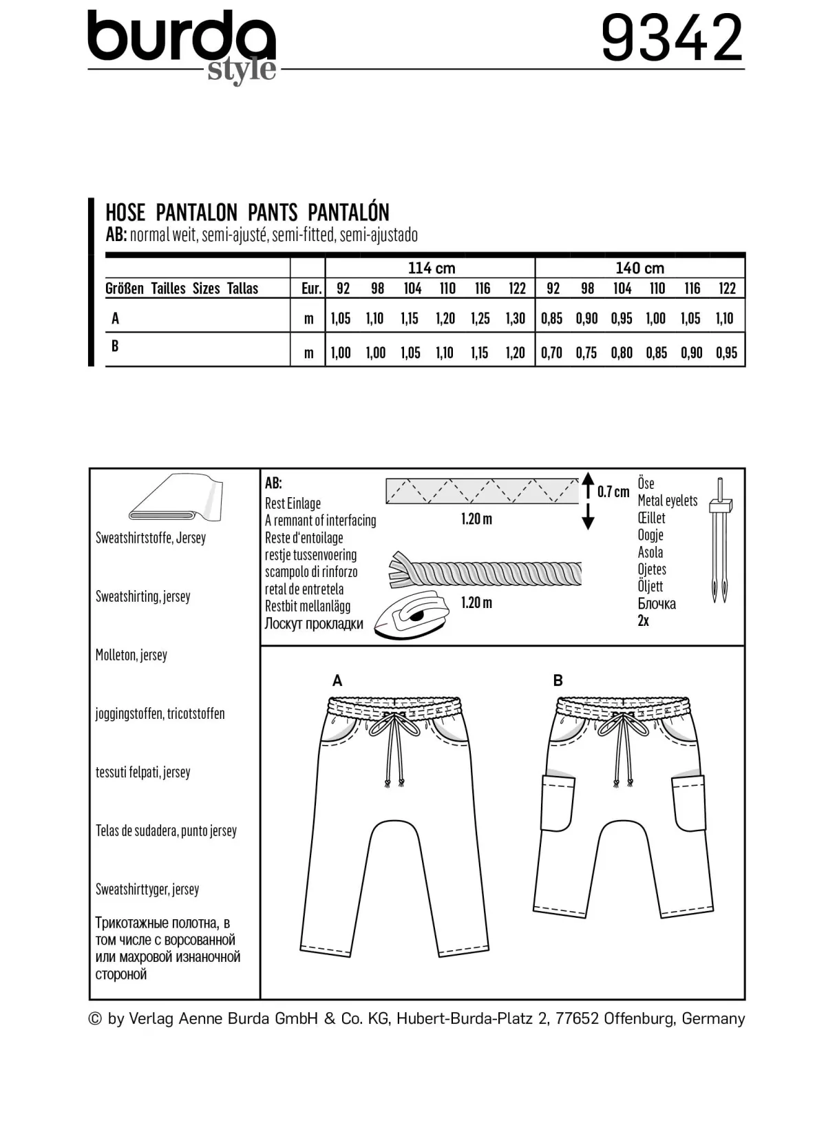 Cartamodelli Burda Neonati|Bambini>pantaloni della tuta