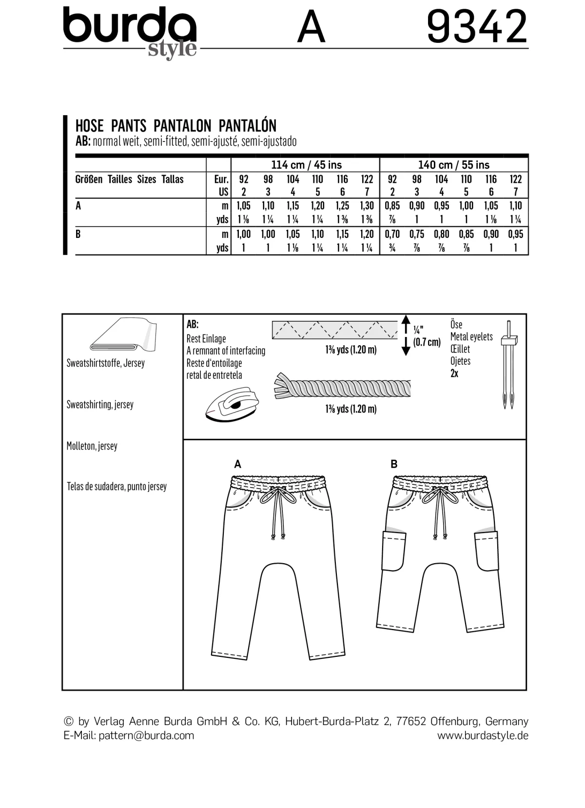 Cartamodelli Burda Neonati|Bambini>pantaloni della tuta