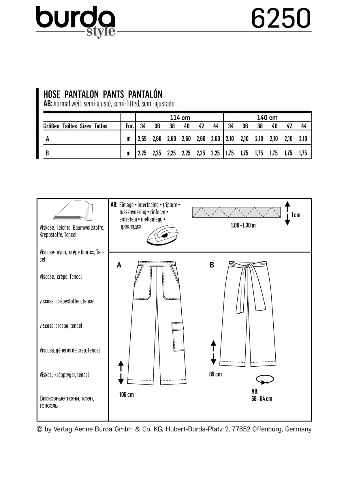 Cartamodelli Burda Pantaloni>Pantaloni - Vestibilità ampia - Elastico